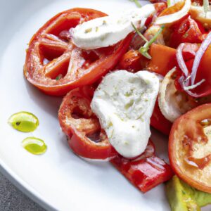 como preparar ensalada de tomates y pimiento con burrata en la freidora de aire